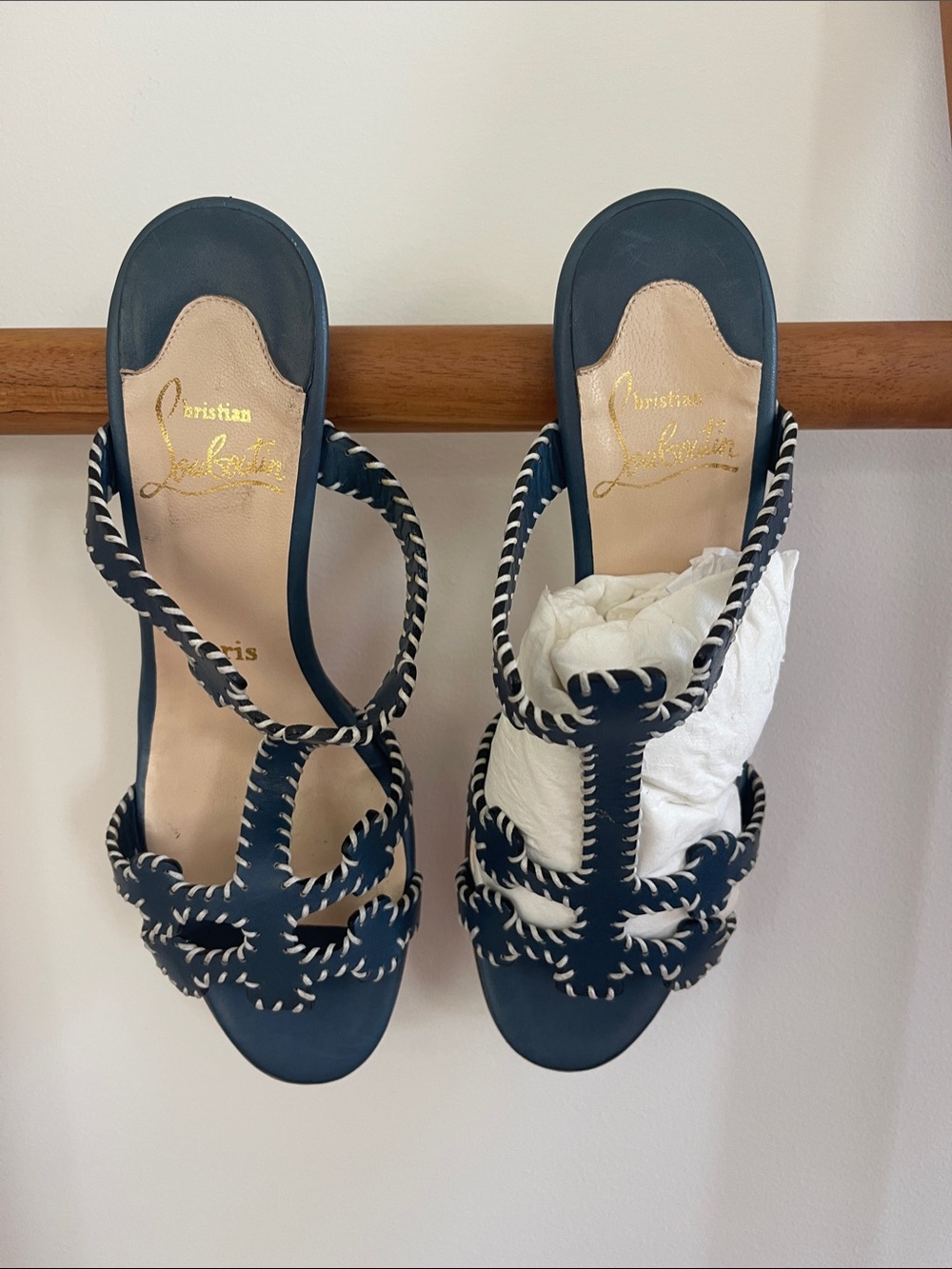 Christian Louboutin Navy and Cream Braided-Strap Heels